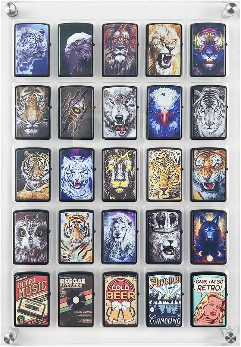 WEIMINLI 25-Slot Wall-Mounted Acrylic Display Case for Zippo Lighters - Clear Collector Cabinet, for Men and Lighter Enthusiasts - Image 1